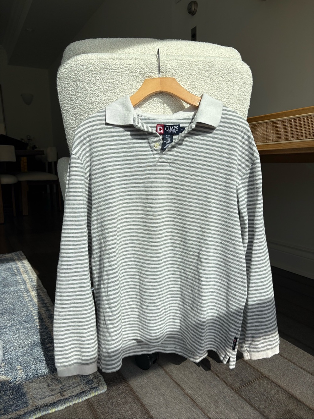 Chaps Gray & White Striped Long-Sleeve Polo - Medium